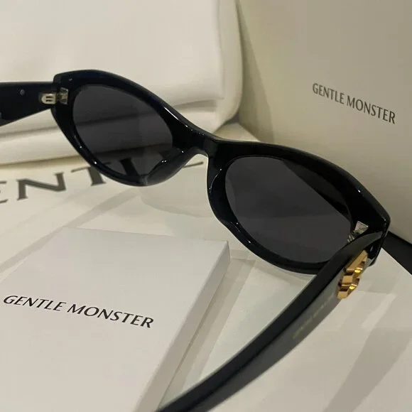 Gentle Monster Black Oval Sunglasses w/ Gold Logo Detail – Like New - Picture 3 of 11